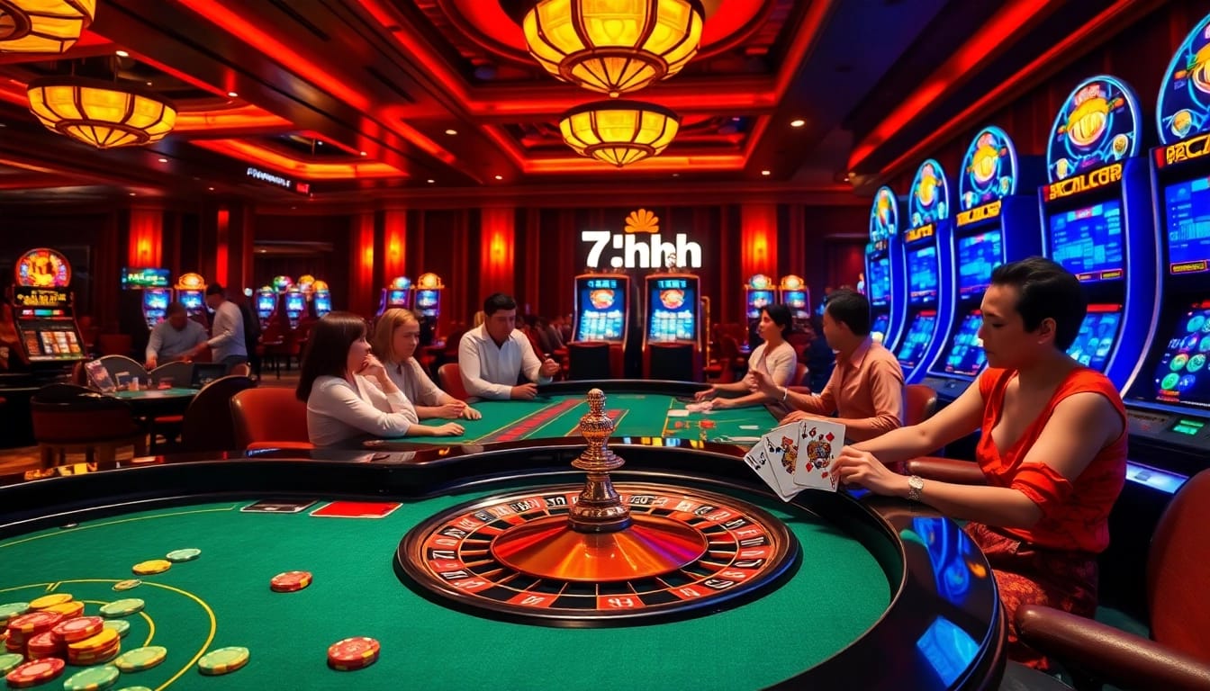 Experience the excitement of 7hh in a luxurious casino setting with roulette and poker.