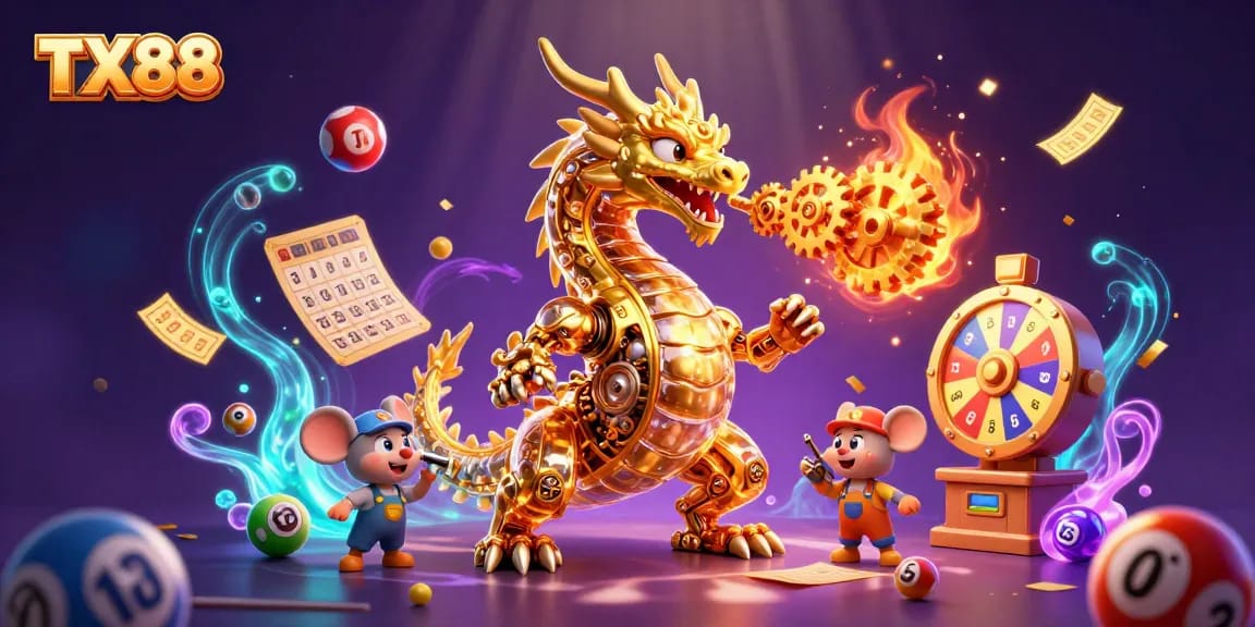 Experience winning with TX88 in a vibrant 3D casino scene full of interactive elements.