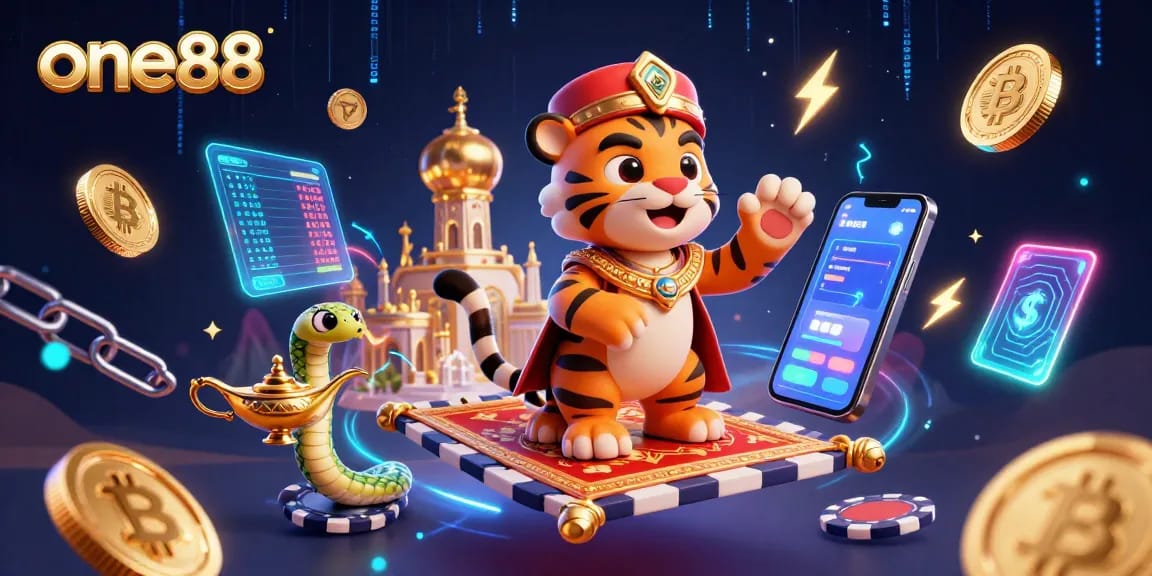 Experience the magic of one88's casino adventure with a vibrant Arabian-themed 3D illustration.