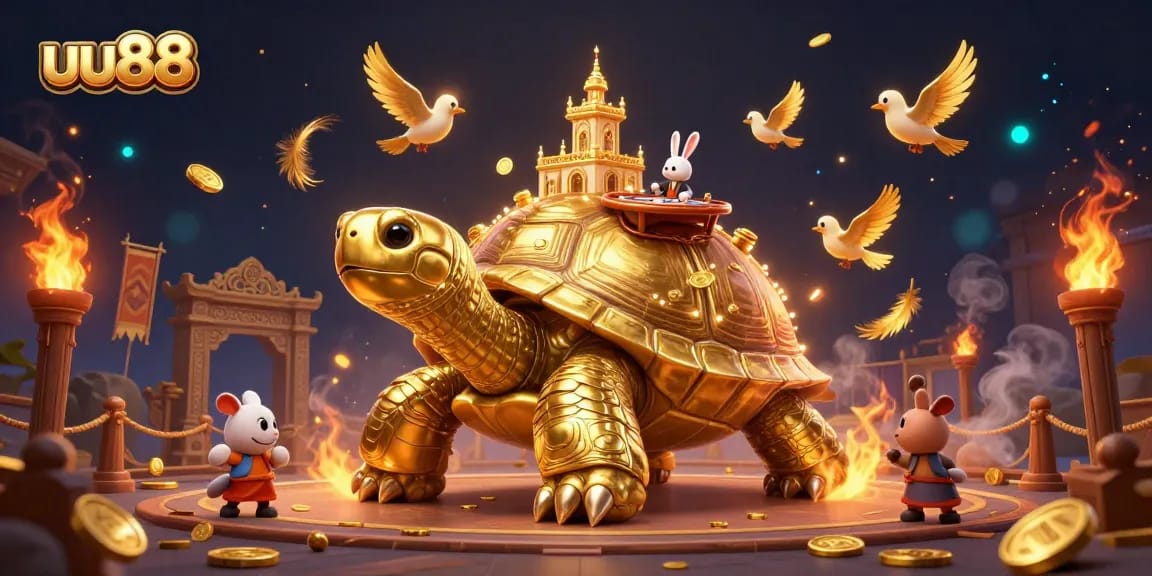 Experience thrilling games at uu88 casino, featuring a vibrant 3D illustration of a golden tortoise casino.