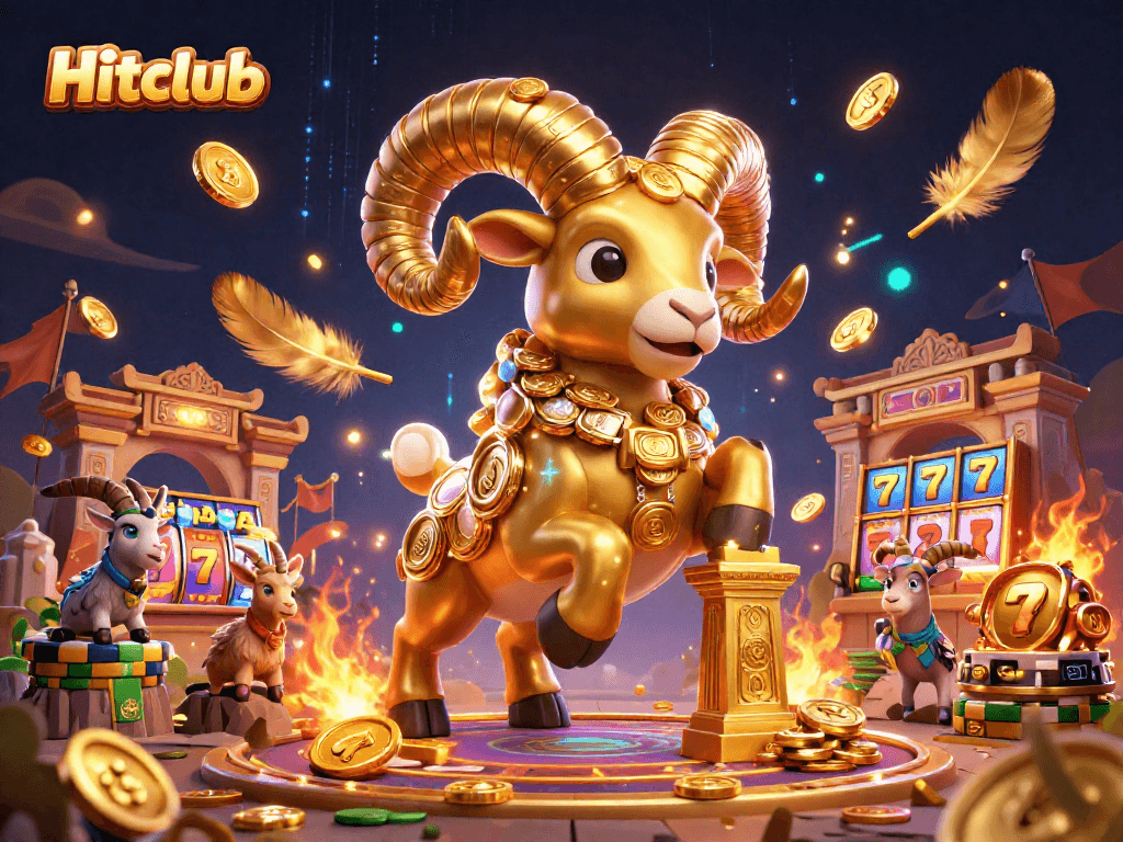 Hitclub showcases an epic charging ram amidst golden jackpots and vibrant casino elements.