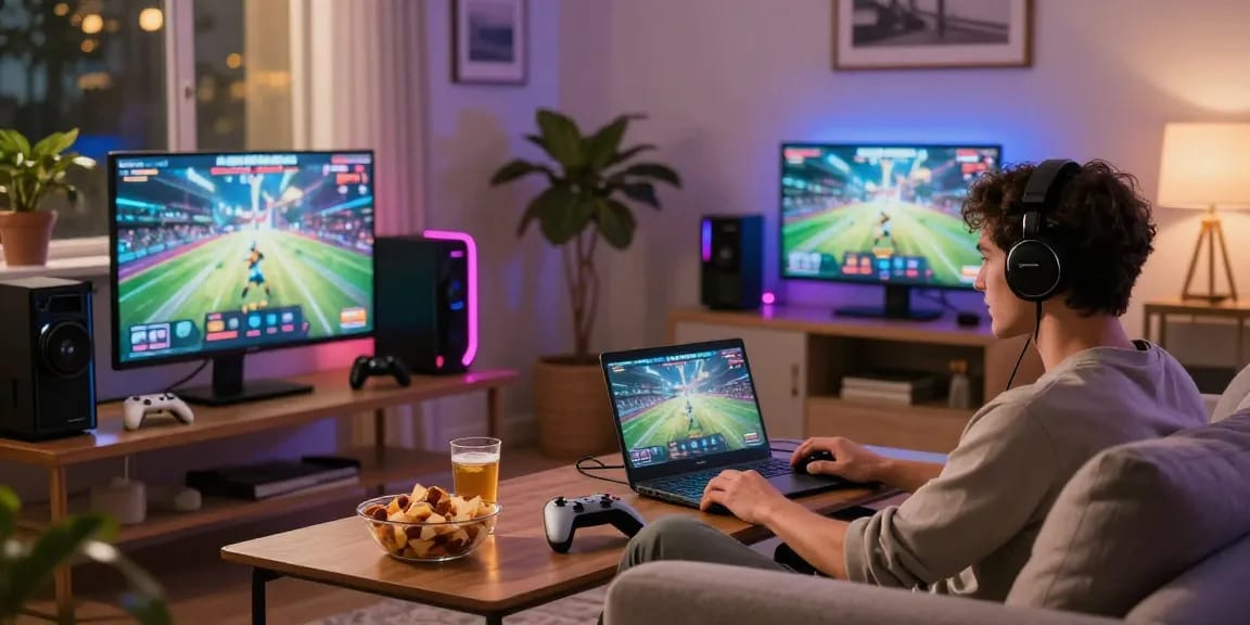 Adult engaging with rokok88 online gaming portal in cozy living room.