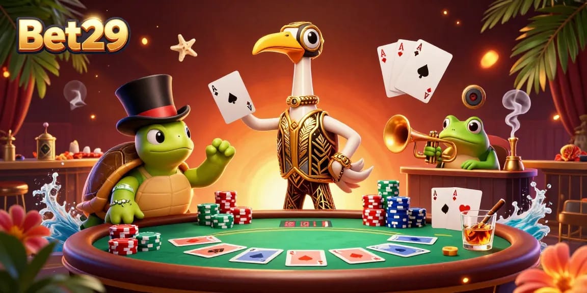 Bet29 engages players with a vibrant, interactive casino scene packed with poker elements.