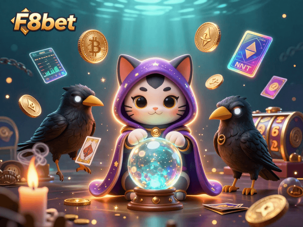 Join the action at F8bet with slots, crypto elements, and mystical characters in a vibrant casino scene.