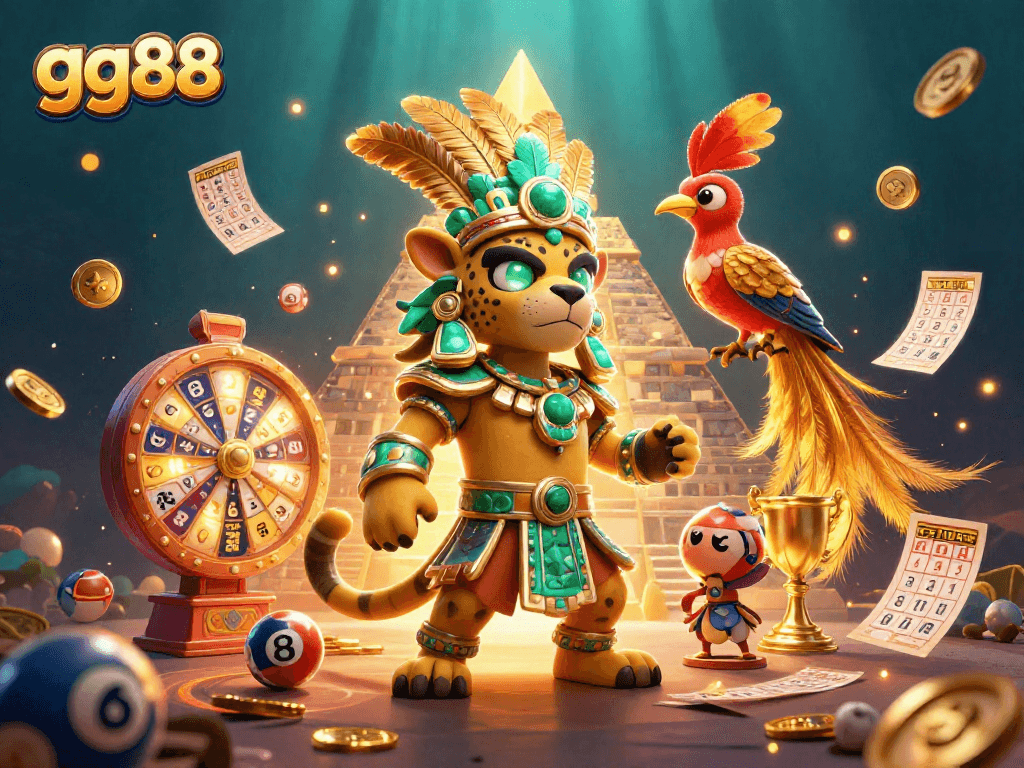 Engage in thrilling lottery excitement with gg88 as glowing numbers and lucky symbols surround ancient icons.