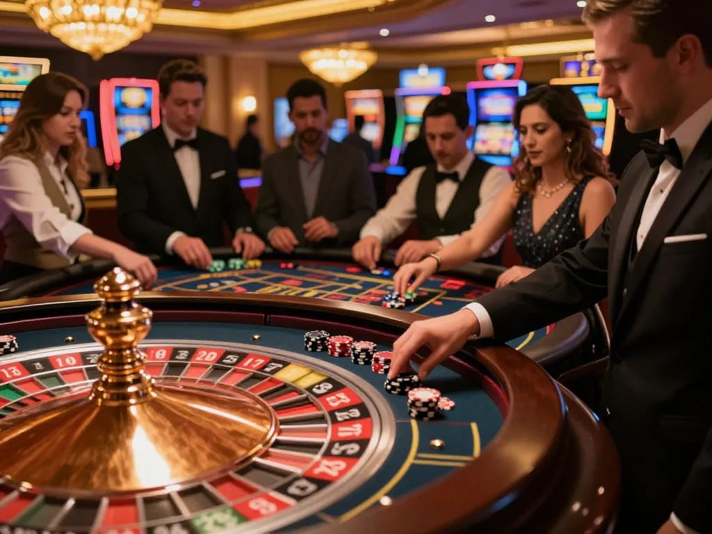 Engaged players at a roulette table embracing the thrill of oxbet com in a vibrant casino setting