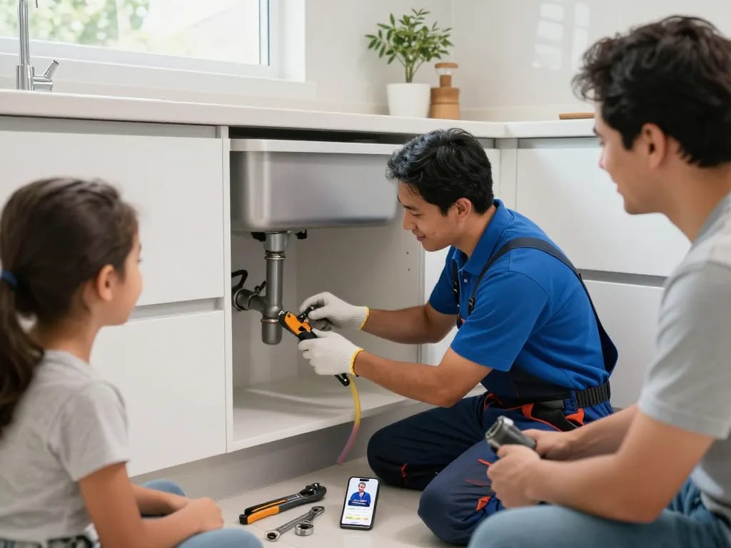 Encanador em São Paulo repairing plumbing under a kitchen sink with tools and bright natural light
