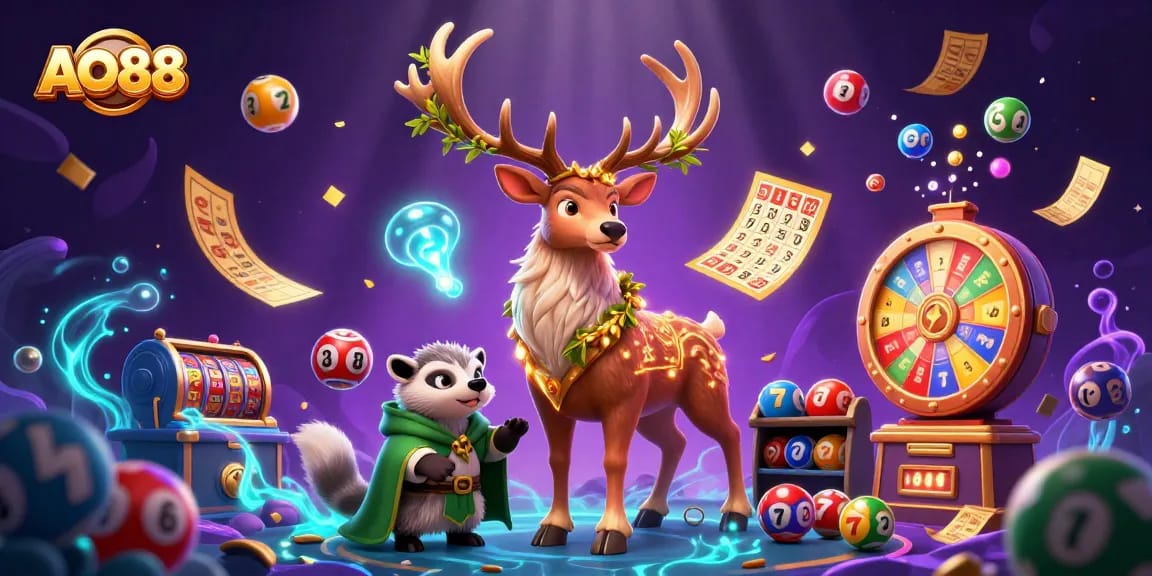 Experience the vibrant world of AO88 casino with engaging lottery elements and enchanted characters.