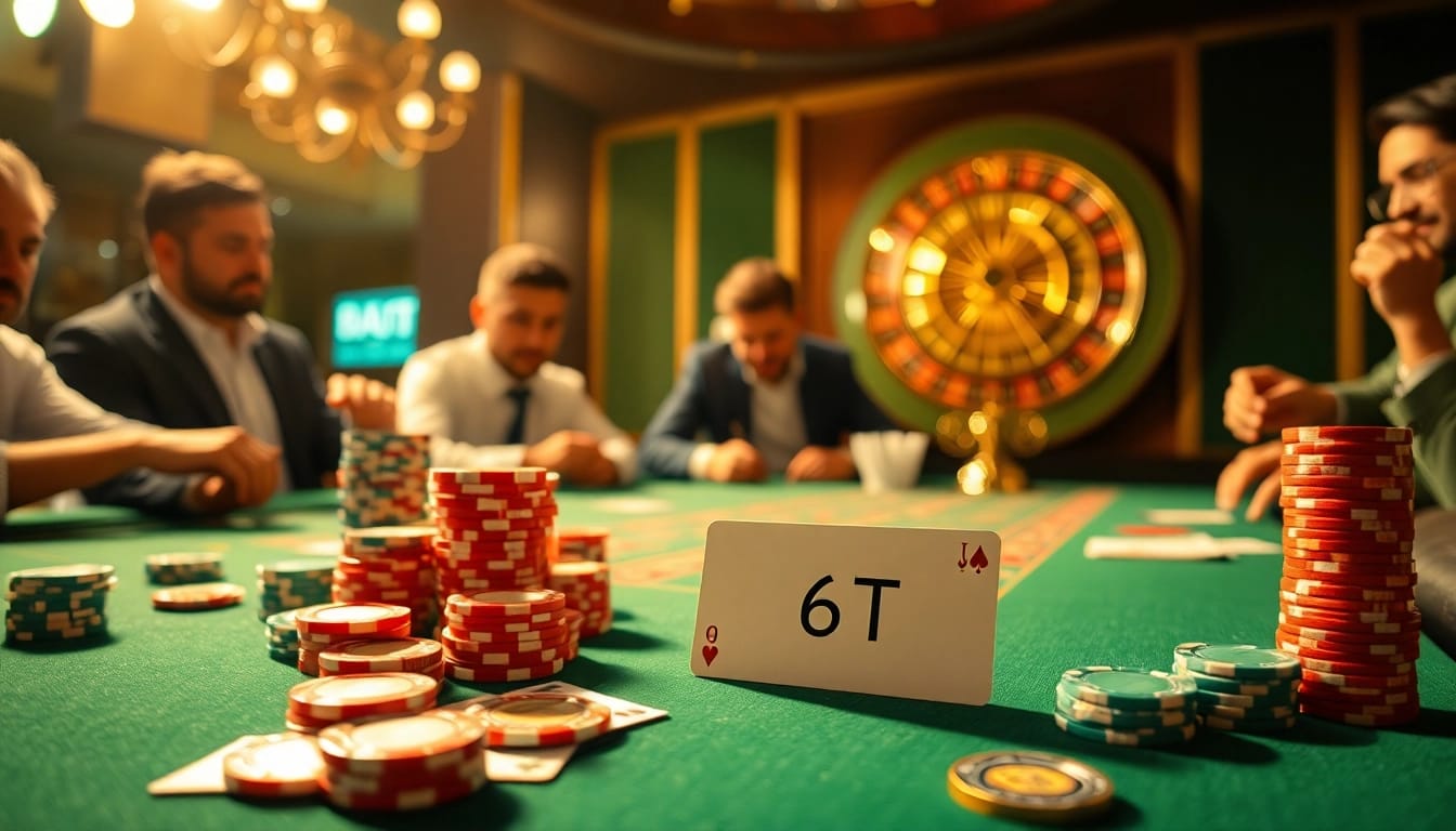 Cena empolgante de cassino com jogadores apostando em uma mesa de pôquer, exibindo fichas 69T.