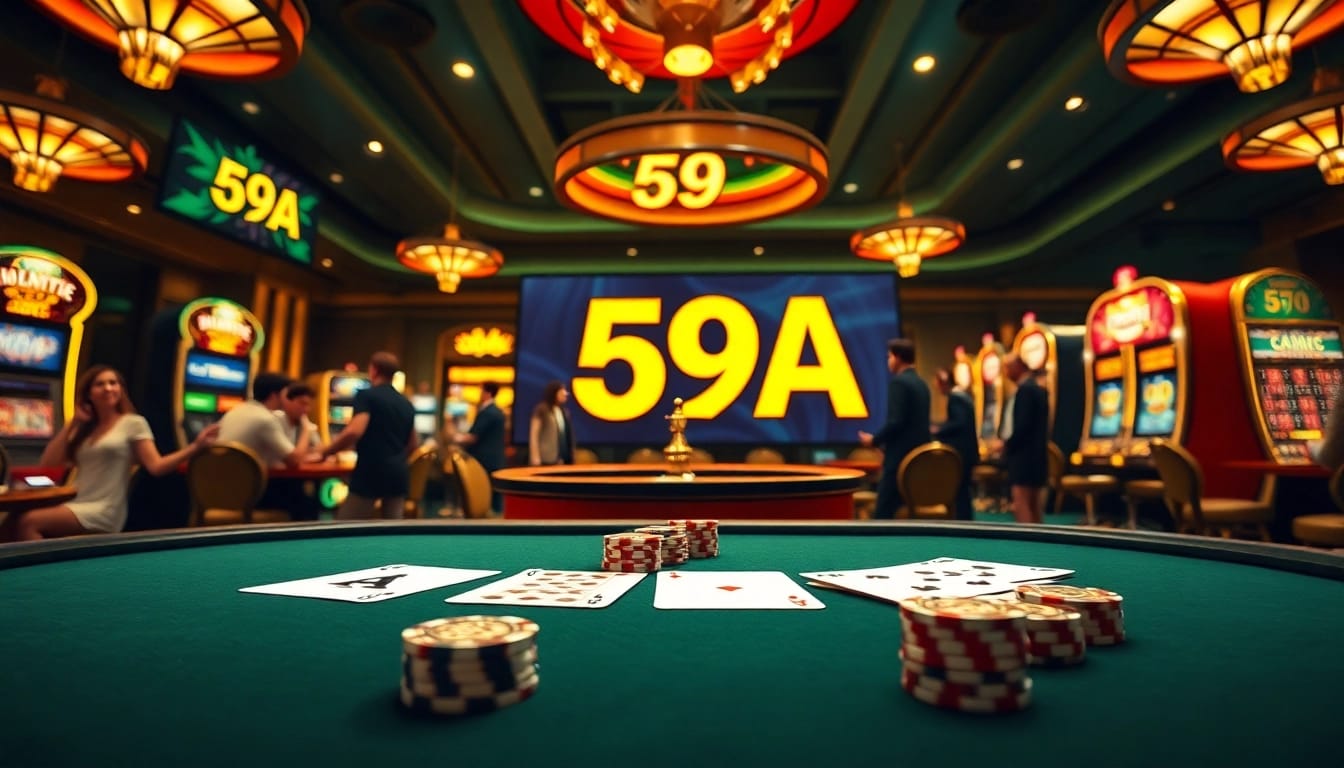 Uma cena dinâmica de cassino exibindo empolgação com a marca da 59A, incluindo uma mesa de pôquer e uma roleta.