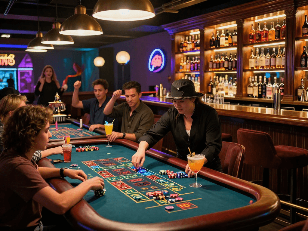 Exciting gaming scene at vin88 casino with players enjoying roulette and cocktails.