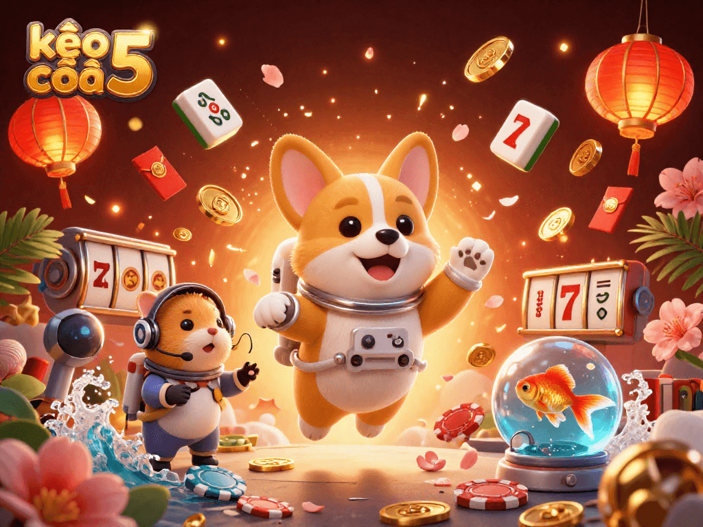 Engage with kèo nhà cái 5 in a vibrant casino scene featuring a cartoon astronaut corgi and dynamic game elements.