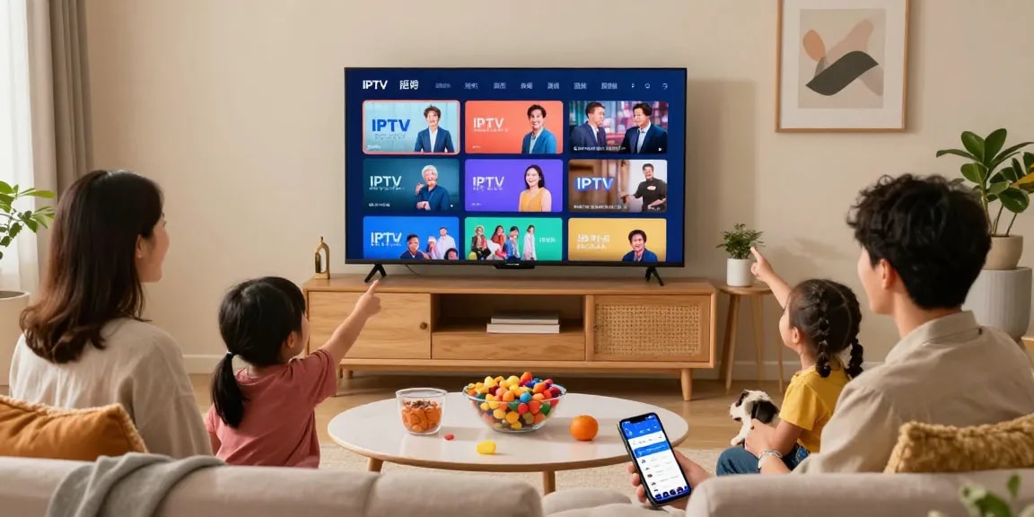 Família assistindo IPTV no sofá, interagindo com o melhorbraziliptv.
