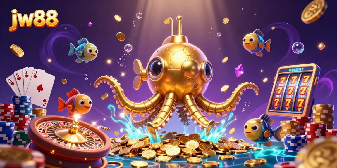 Experience the thrill of jw88 with a vivid underwater scene filled with golden treasures and animated characters.