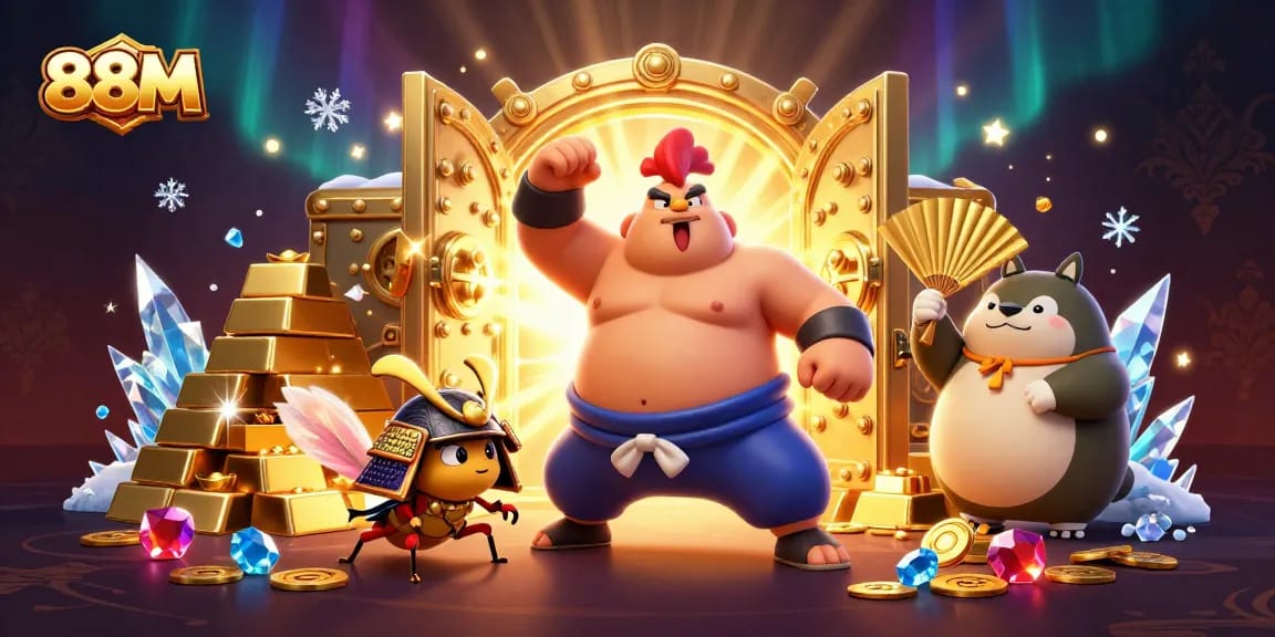 88M reveals winning opportunities in a vibrant online casino scene with rich treasures and characters.