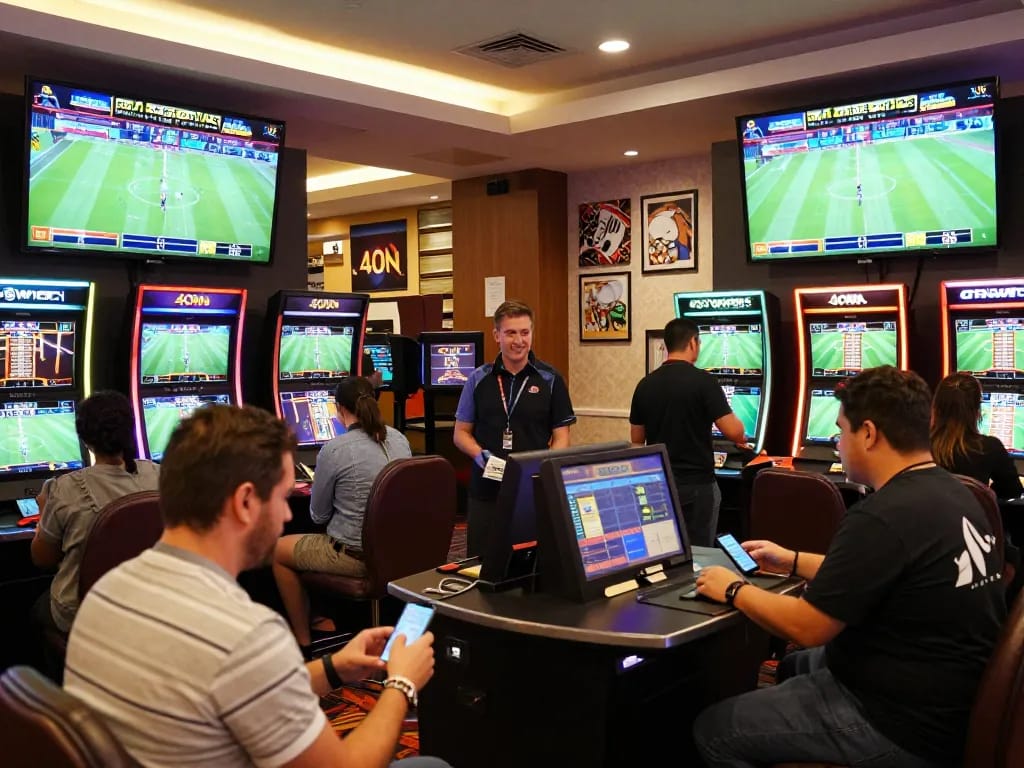 40WIN bettors analyzing live sports odds in an exciting casino environment.