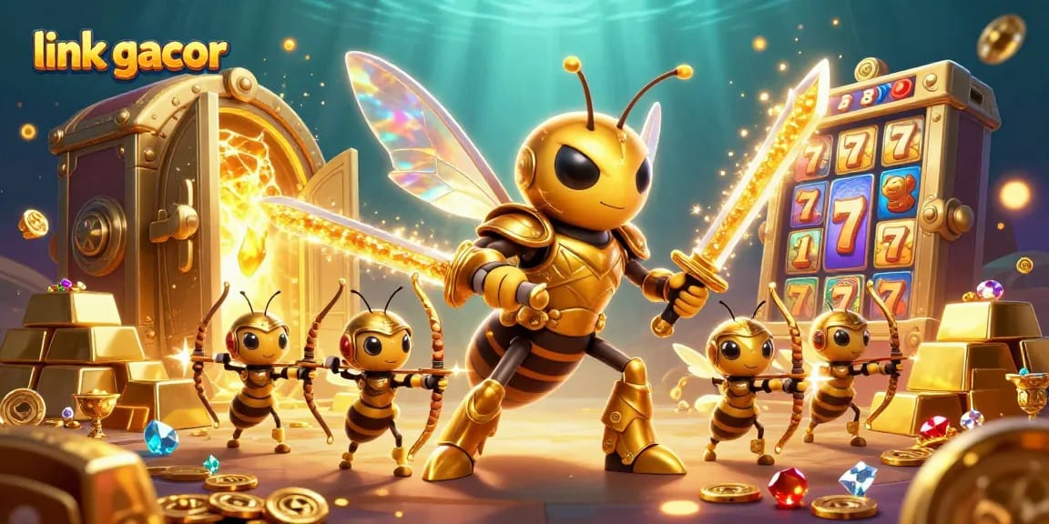 Spin on link gacor slots with a golden hornet warrior and bee archers amidst a treasure-filled backdrop.