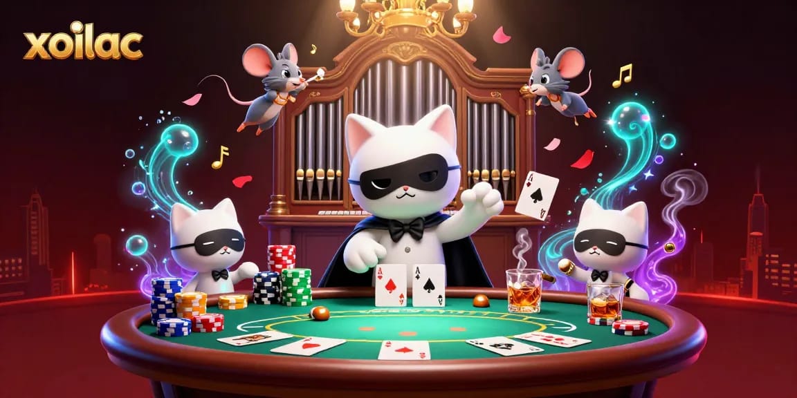 Xoilac captivates with a lively atmosphere featuring a masked cat and mouse acrobat in a bustling casino