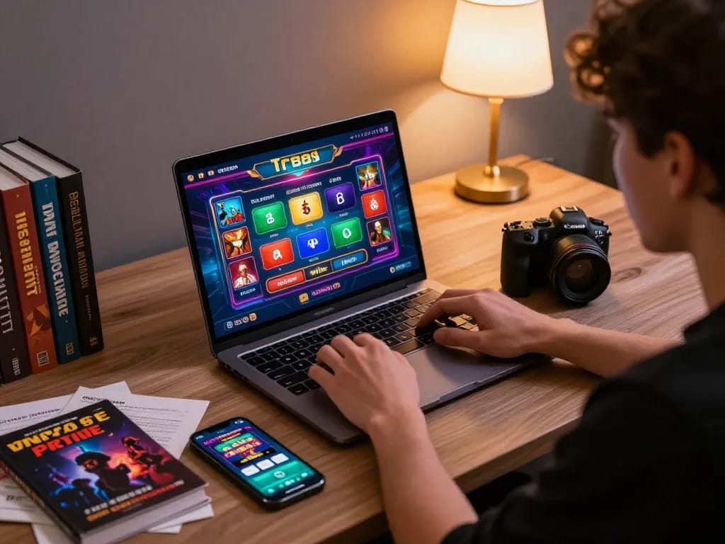 Engaged player enjoying online casino gaming at tr88.com, showcasing vibrant game interface and strategic notes.