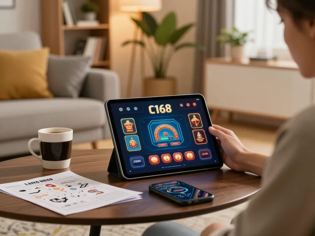 Engaging with C168 casino app on tablet in stylish home, demonstrating responsible gaming.