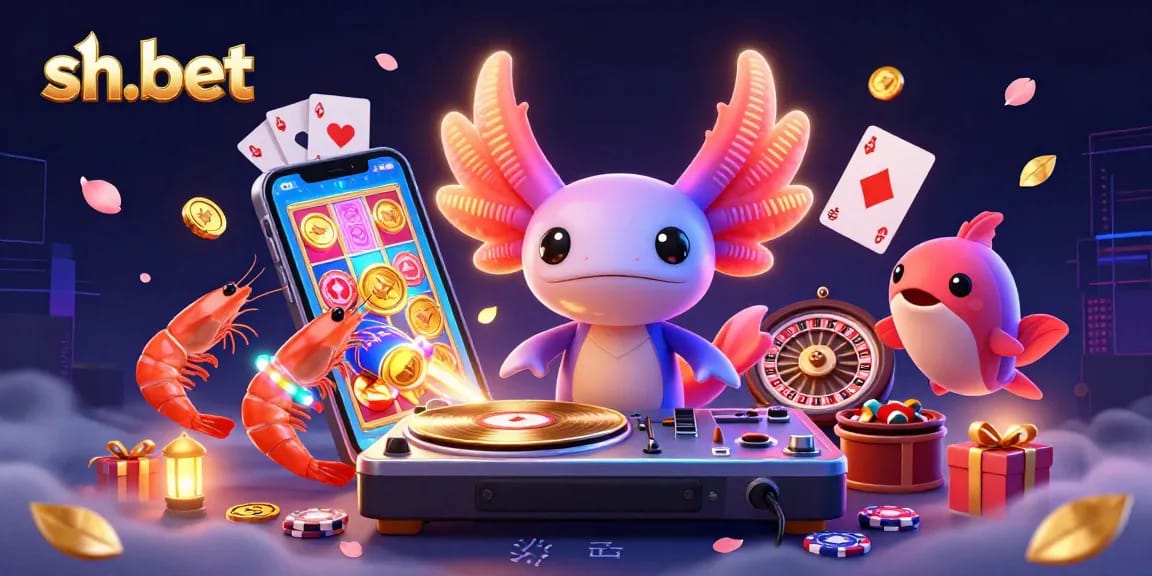 Spin and win big with sh-bet's vibrant casino scene featuring slot games, coins, and lively characters.