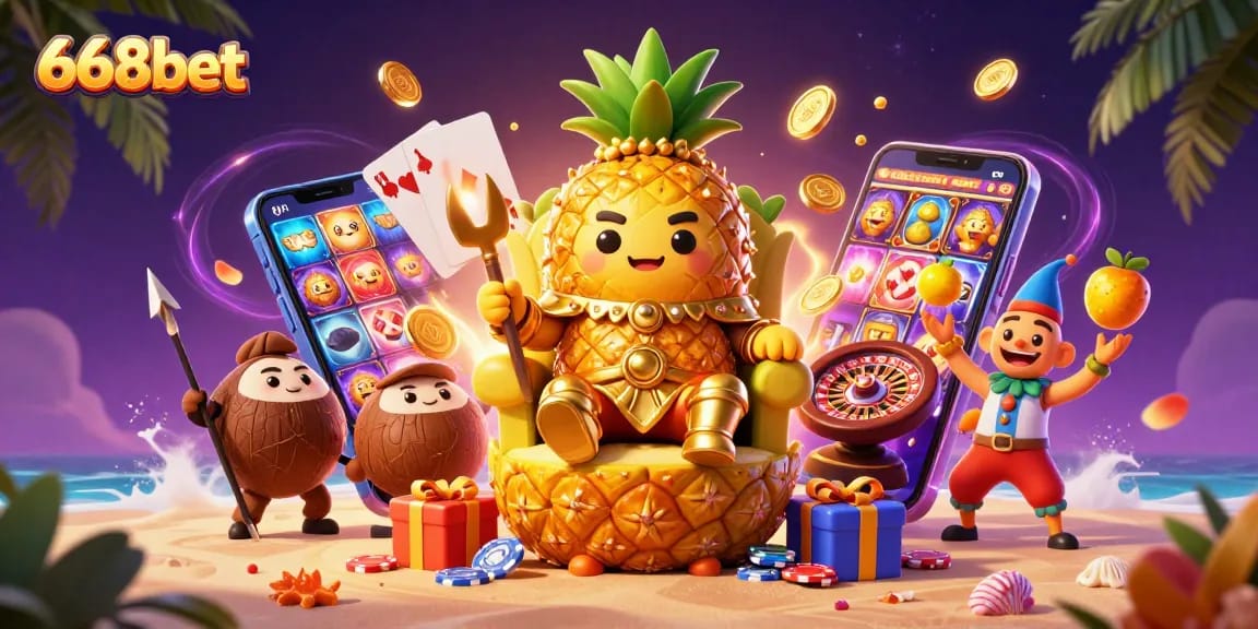 Experience thrilling gameplay with 668bet's vibrant casino elements featuring a golden pineapple king.
