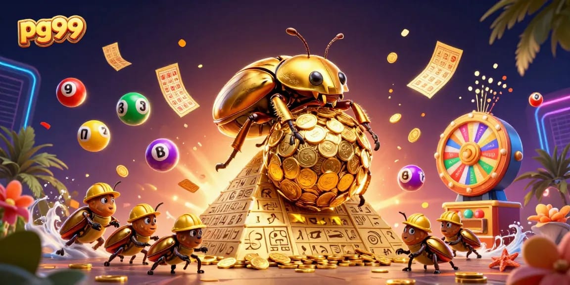 Experience excitement with pg99 as a golden dung beetle rolls coins in this vibrant casino-themed scene.