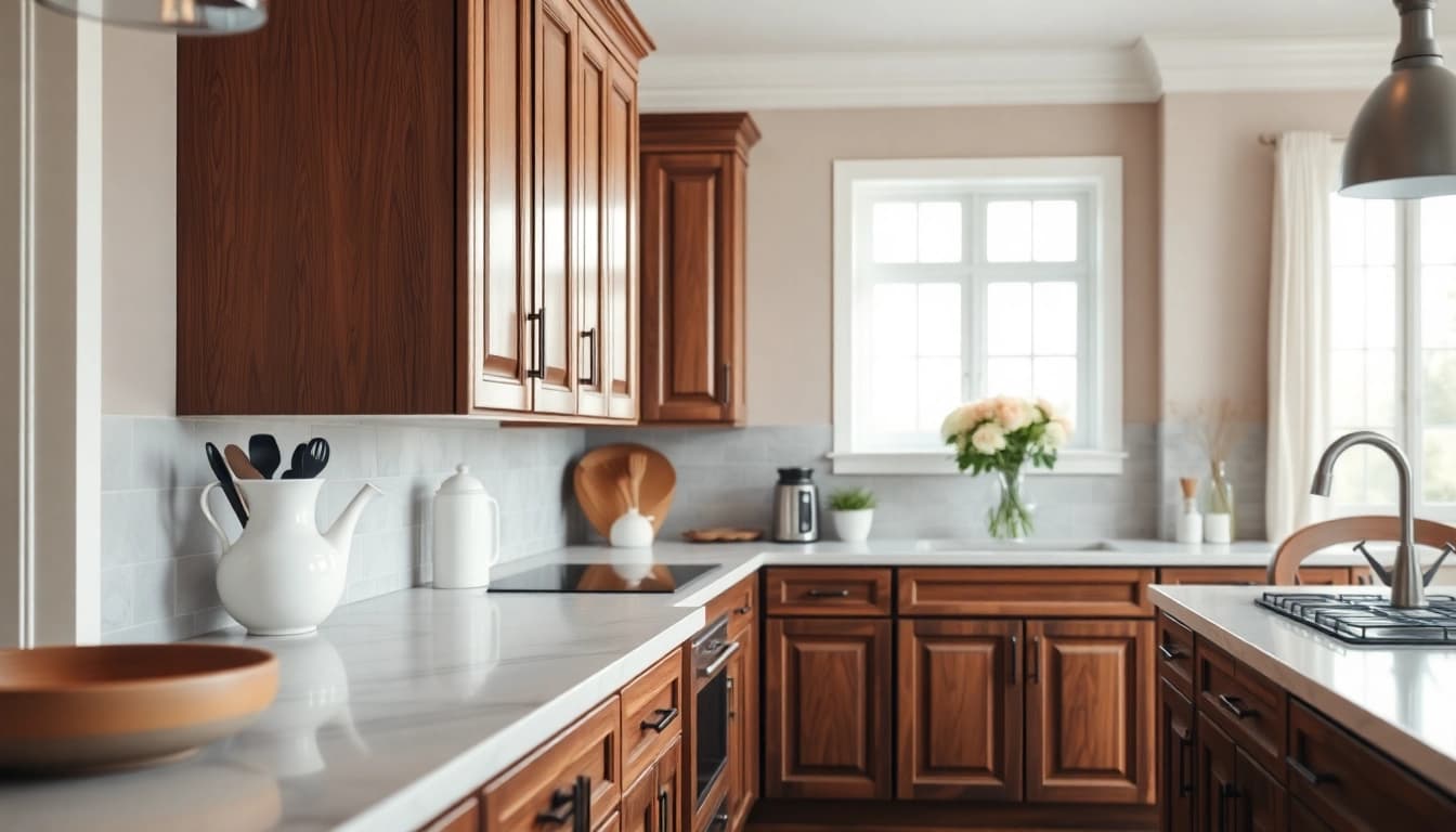 Explore exquisite custom cabinets in a bright kitchen, featuring rich walnut finishes and elegant design.