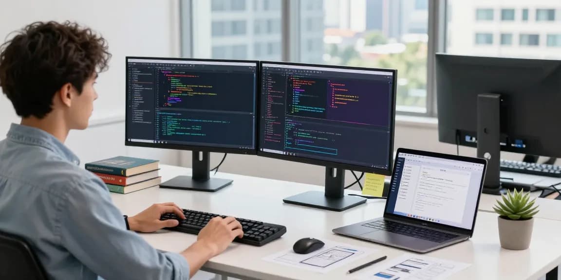 Ambiente de trabalho multicanais com desenvolvedor de software em interação com tecnologia em escritório moderno.