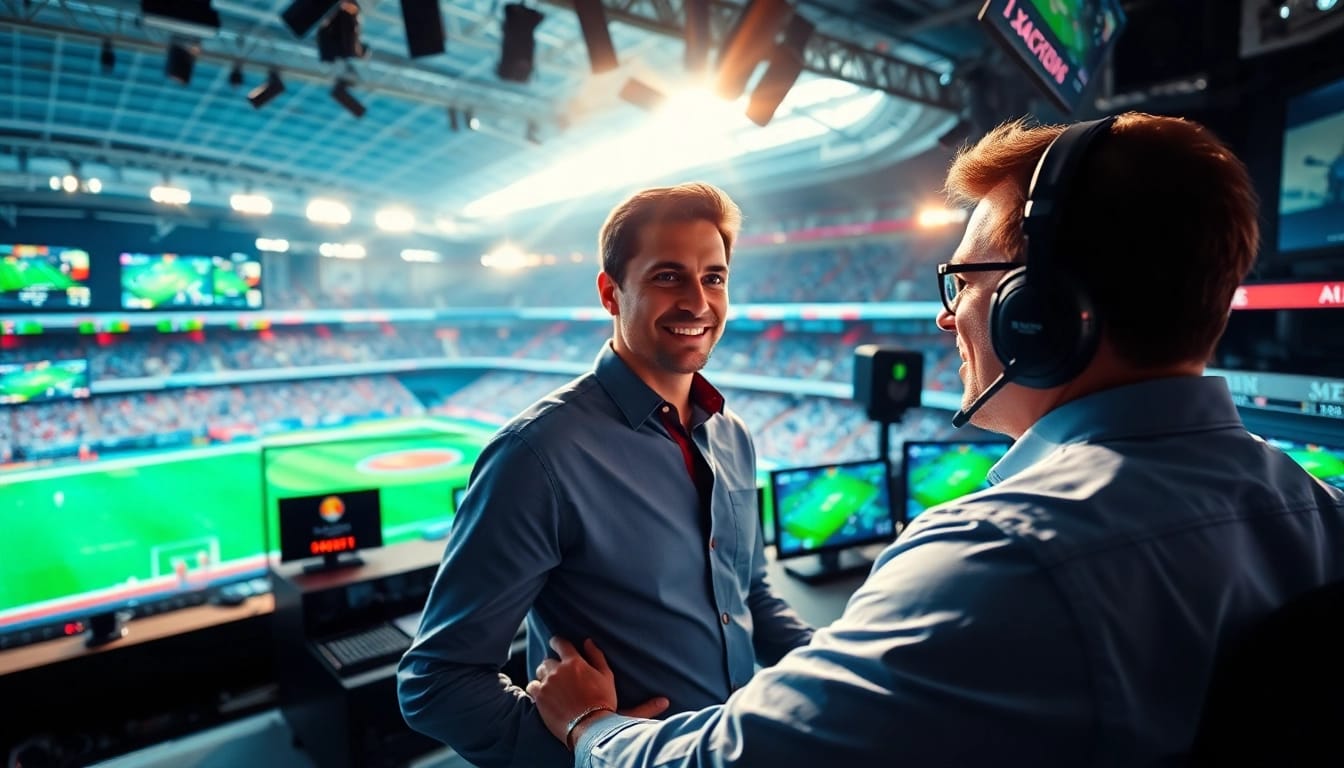 Engaging sports broadcasting scene featuring a commentator in a vibrant studio.