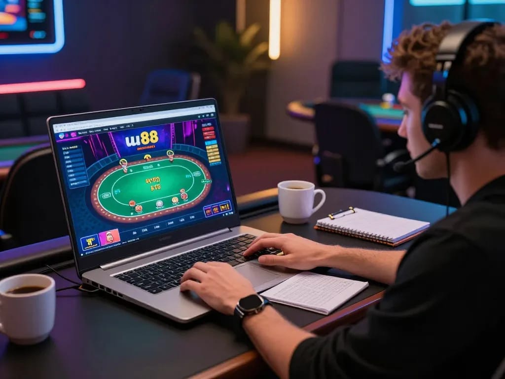 Engaging player using uu88 online casino platform on a laptop, vibrant gaming ambiance.