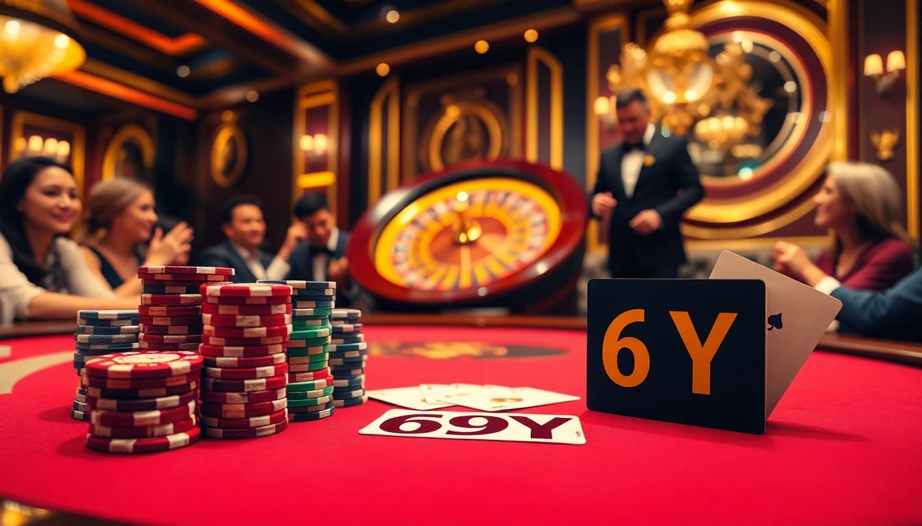 Viva a emoção do pôquer de altas apostas em um cassino luxuoso com fichas e cartas com a marca 69Y.