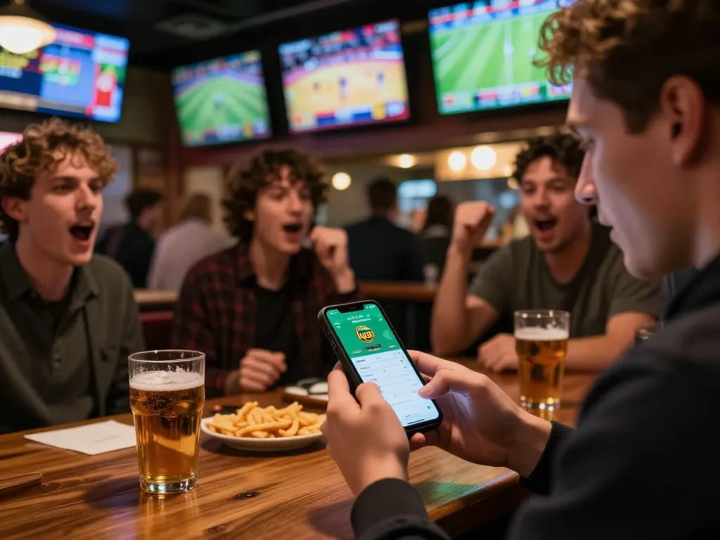 Engaging in kp88 bet app while surrounded by excited sports fans, showcasing a lively betting atmosphere.