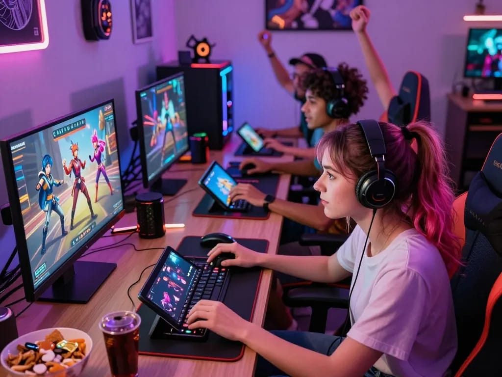 Group of gamers enjoying an adult game on multiple devices in a vibrant, energetic setting.