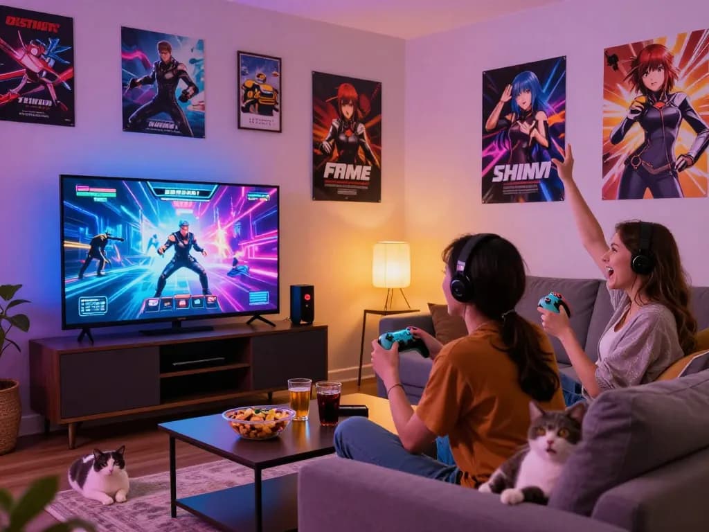 Engaged couple enjoying free porn games in a cozy living room.