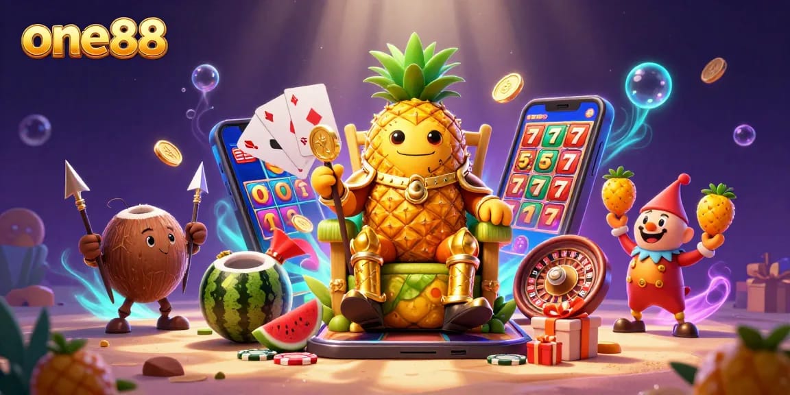Experience thrilling gameplay with one88’s vibrant casino art featuring the golden pineapple king.