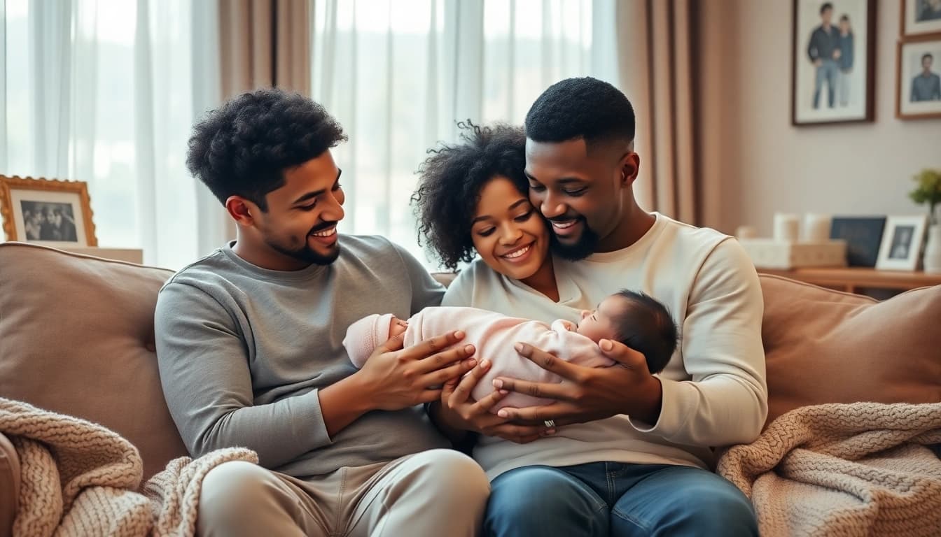 Family with new bornbaby joyfully cradling their child in a cozy living room.
