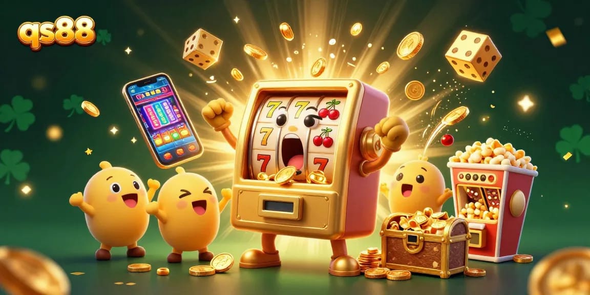 qs88 delivers an exciting jackpot scene with vibrant slot machines and sparkling coins falling.