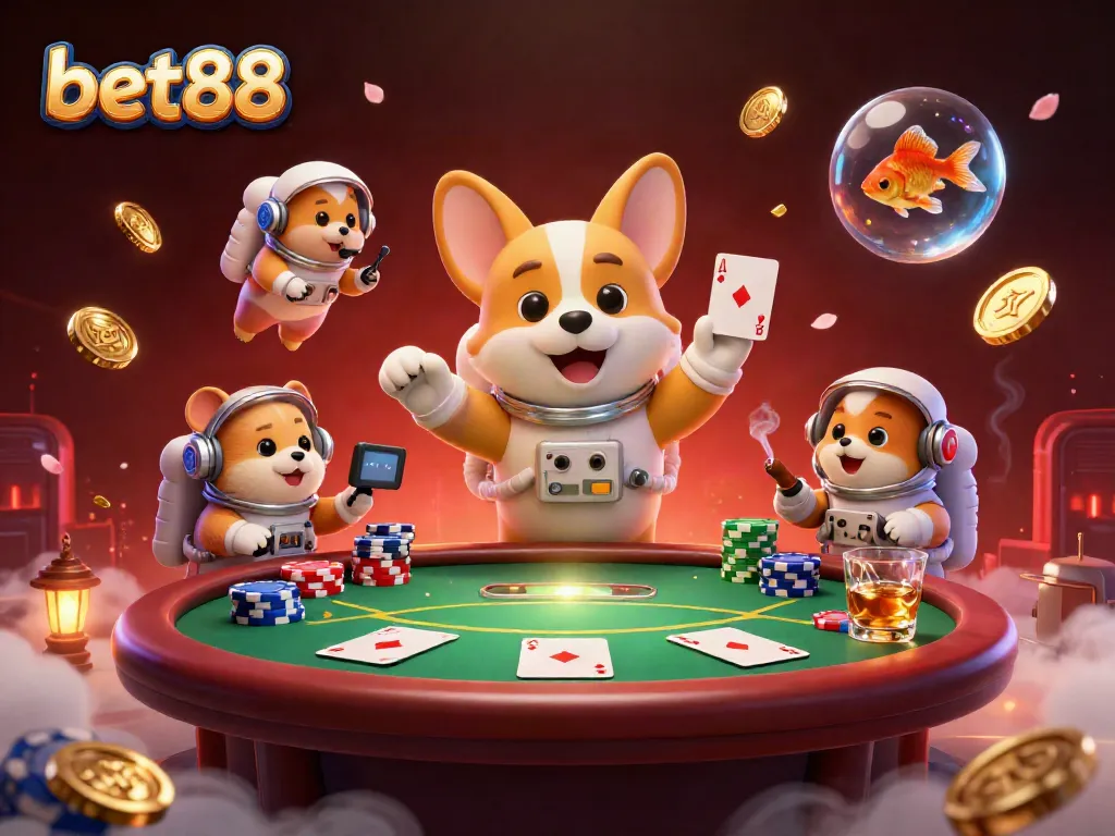 Experience bet88 excitement as a cartoon astronaut corgi navigates a cosmic casino environment.