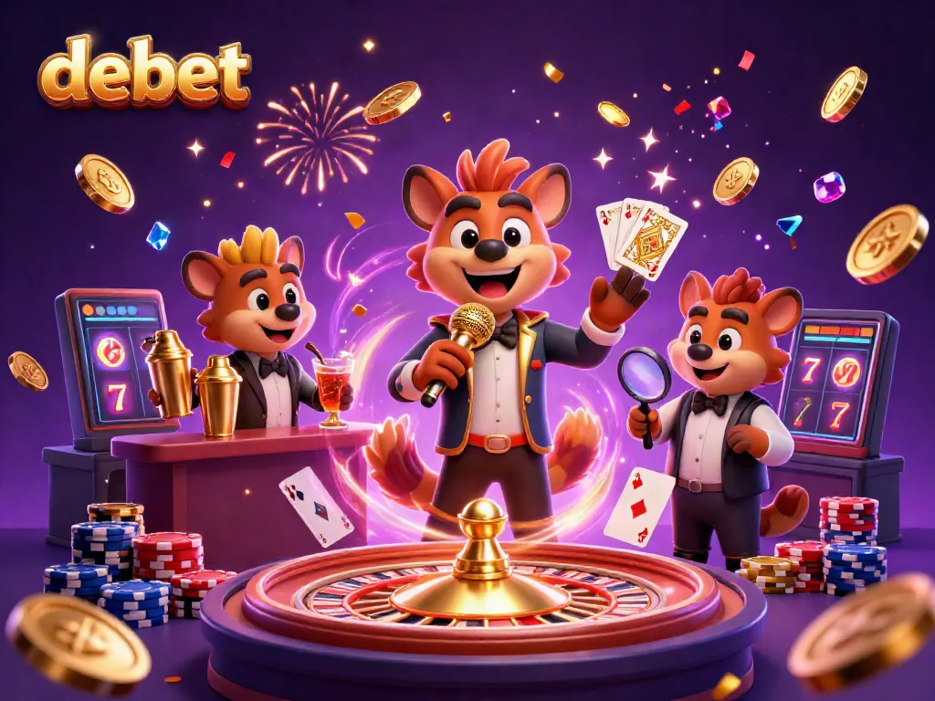 Experience thrilling gaming action with debet's vibrant 3D casino scene featuring hyenas in a comical atmosphere.