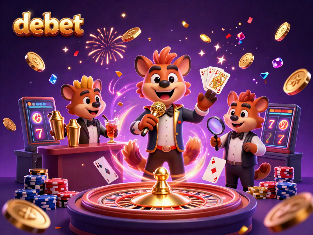 Experience thrilling gaming action with debet's vibrant 3D casino scene featuring hyenas in a comical atmosphere.