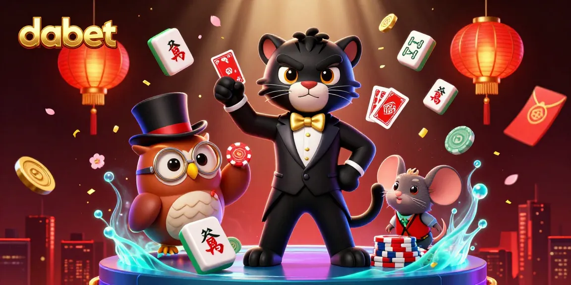 Dabet showcases a cartoon panther dealer, poker chips, and vibrant casino elements.