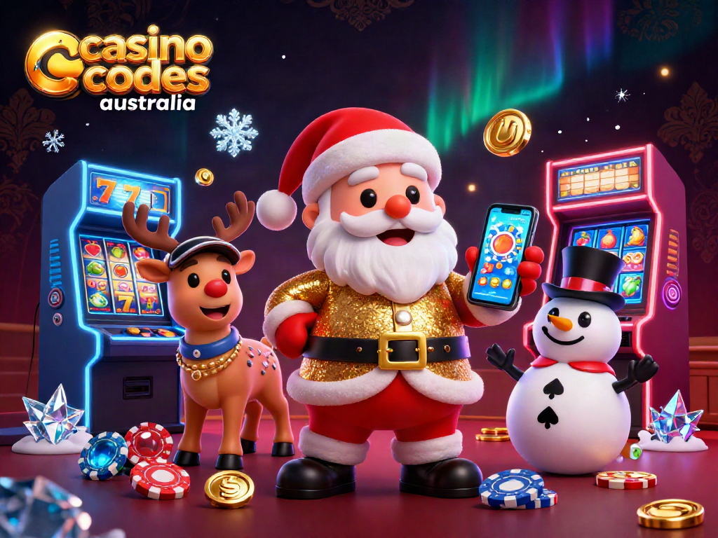Spin and win with exclusive casino codes Australia in a vibrant, festive 3D gaming scene.