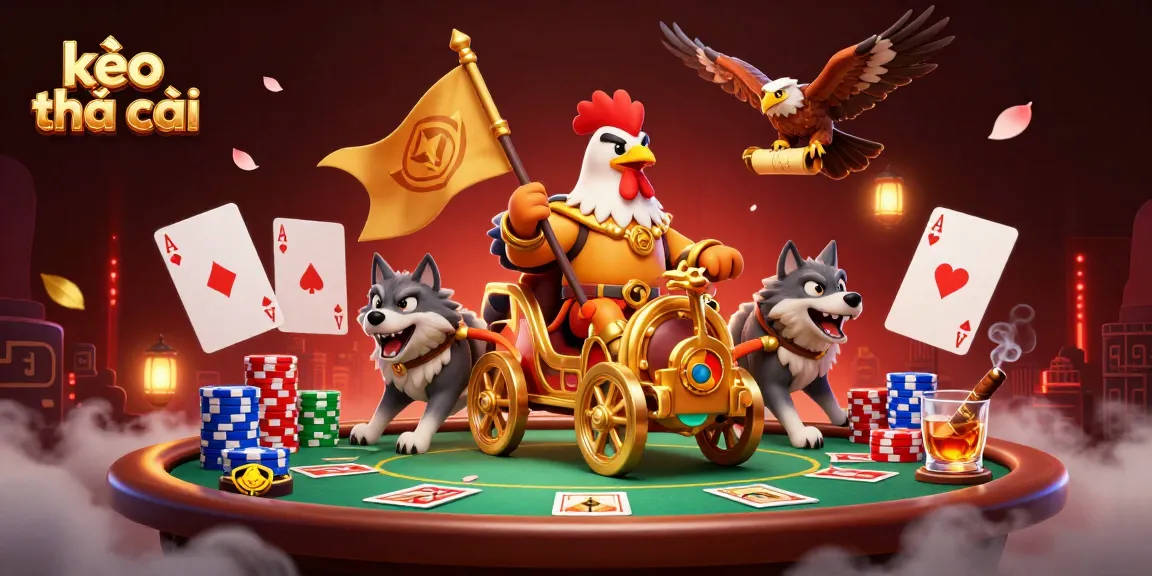 Engaging kèo nhà cái scene with cartoon rooster warlord and poker elements embodying a thrilling gaming atmosphere.