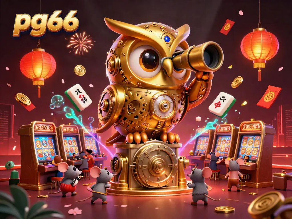Experience the excitement of pg66 with a vibrant casino scene featuring a golden owl and wind-up mice by slot machines.