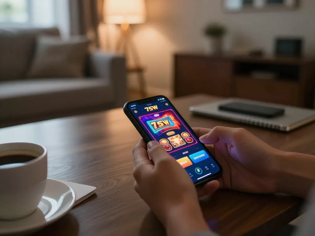 Engaged user placing bets on 75W mobile app in a cozy home gaming setup