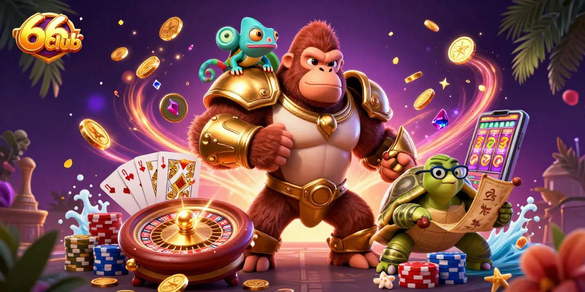 Engage with 66club as a powerful gorilla king celebrates victory amidst gold coins and roulette spins.