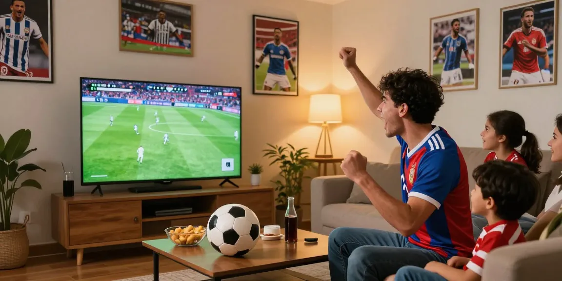 Cheering soccer fan enjoying multicanais streaming service in HD at home with family.