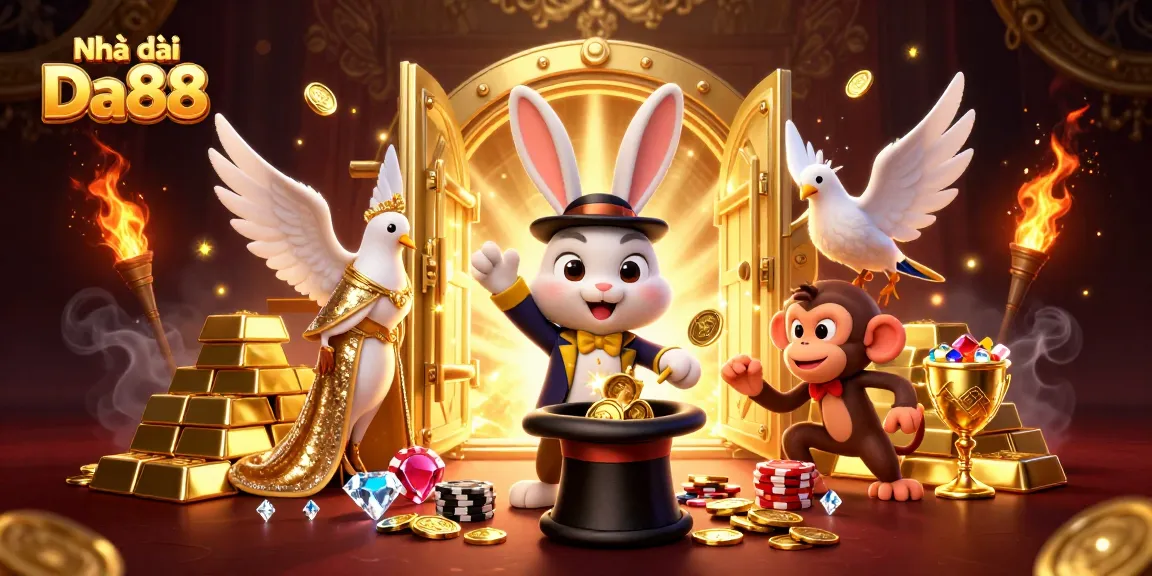 Experience the magic of Nhà cái Da88 with golden coins and poker chips in a lively casino scene.