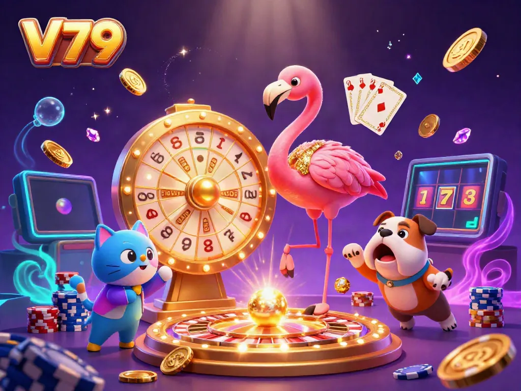 Experience exciting gameplay at V79 with a cartoon flamingo host and fun prizes in a vibrant casino scene.